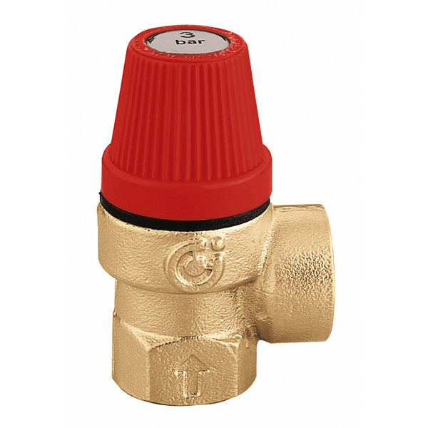 A Caleffi 313 Series 3 Bar Pressure Relief Valve with a red cap on a metallic body, featuring a connection point and a label indicating the pressure range.